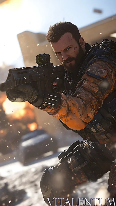 Tactical soldier aims rifle amid explosive urban battlefield