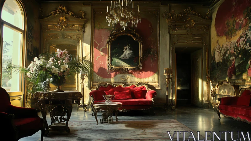 Opulent baroque salon with red velvet sofas and gilded walls.