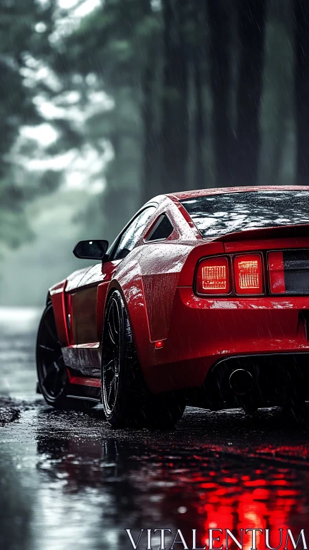 Red sports car waits in moody rain on reflective forest road