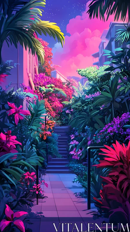 Tropical garden staircase framed by neon-lit foliage at dusk