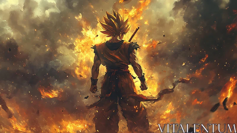 Golden-haired warrior stands amid dense flames and smoke
