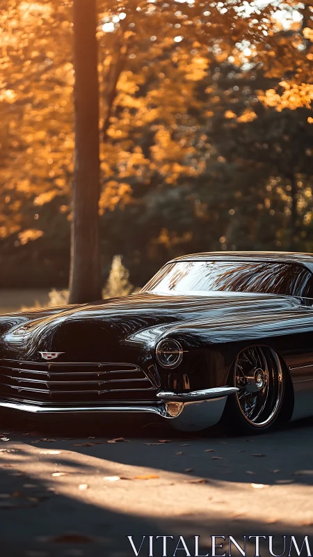 Black classic car parked under trees in warm daylight.