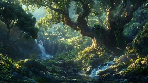 Ancient Forest Ecosystem with Volumetric Light and Cascading Stream