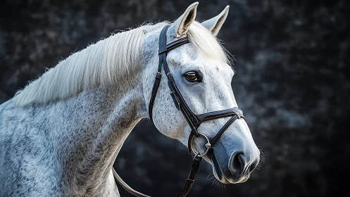 Graceful dapple grey horse portrait in bridle profile.