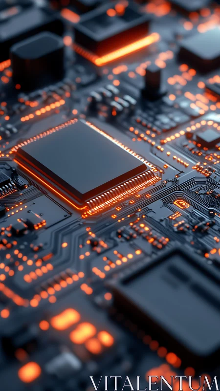 Glowing microchip core on futuristic dark PCB surface.