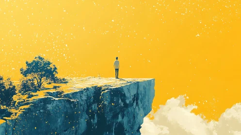 Solitary figure on cliff edge under radiant yellow sky.