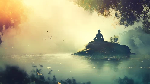 Solitary human figure sits on rock above misty reflective water