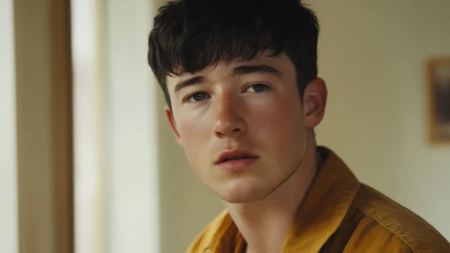 Young man gazes softly toward window in warm daylight