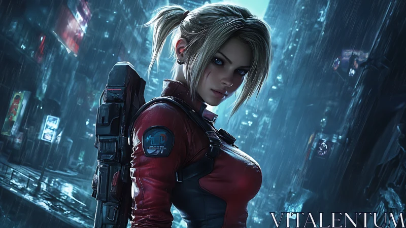 Female operative stands in rainy futuristic city street at night