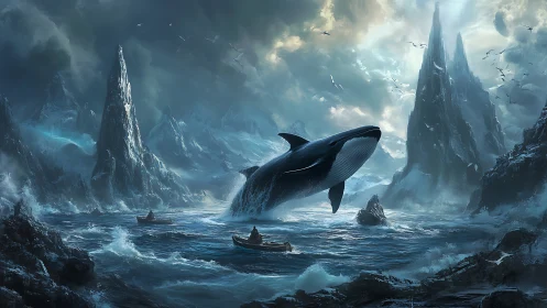 Massive whale breaches before small boats in icy seascape