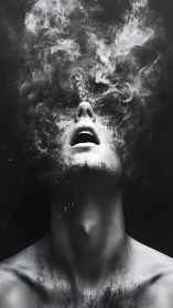 Head in cosmic smoke, a dissolving portrait of inner storm.