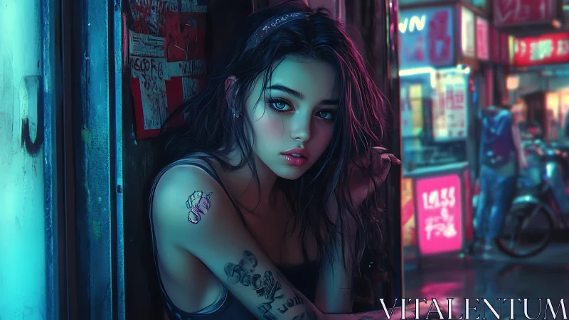 Neon lit girl with tattoos in rainy night alleyway.