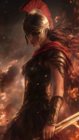 Armored warrior in incandescent battlefield illumination.