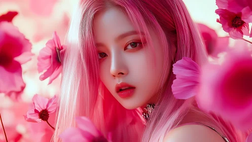 Pink haired woman portrait framed by vivid magenta flowers