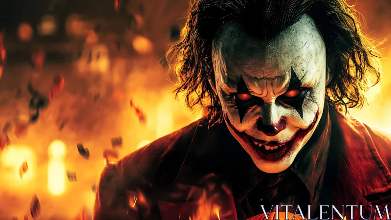 Sinister clown in fiery glow with haunting, playful grin.