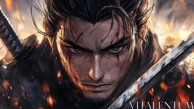 Battle-scarred samurai holds drawn blade amid rising embers