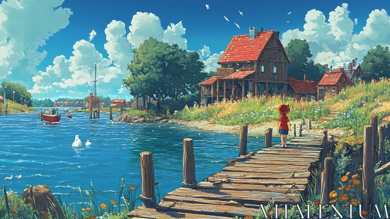 Riverside wooden pier and rural houses under clear sky.