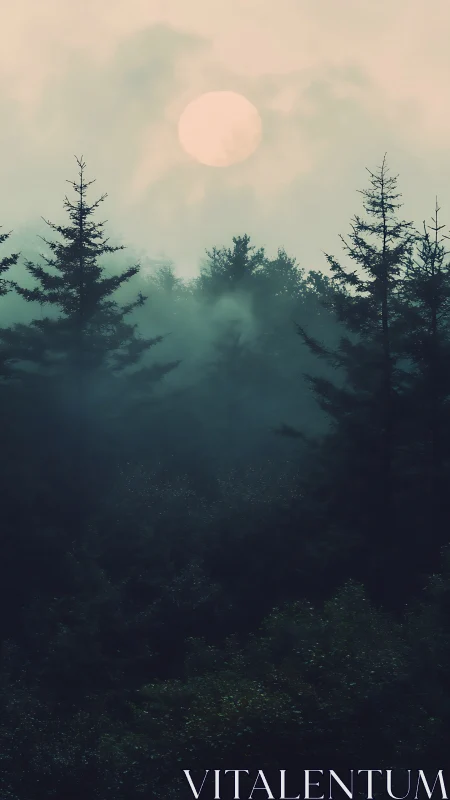 Misty Forest Landscape with Rising Sun Through Haze.