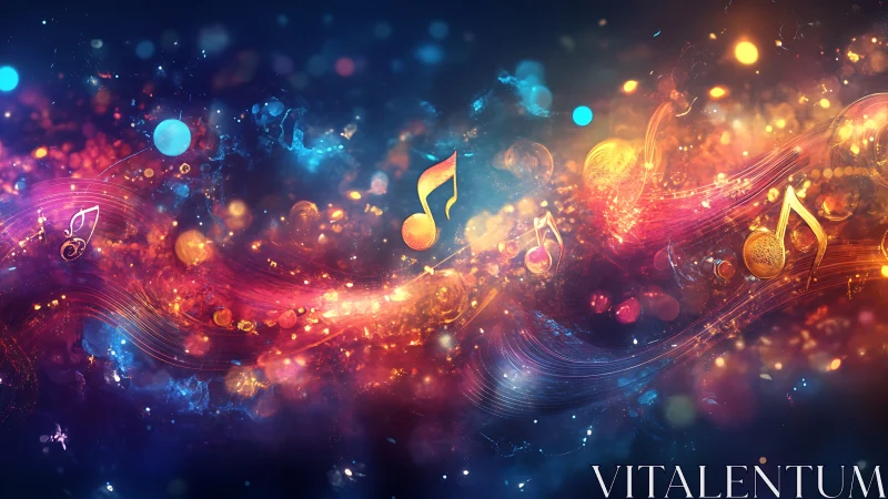 Vibrant musical notes swirl through luminous cosmic stream.