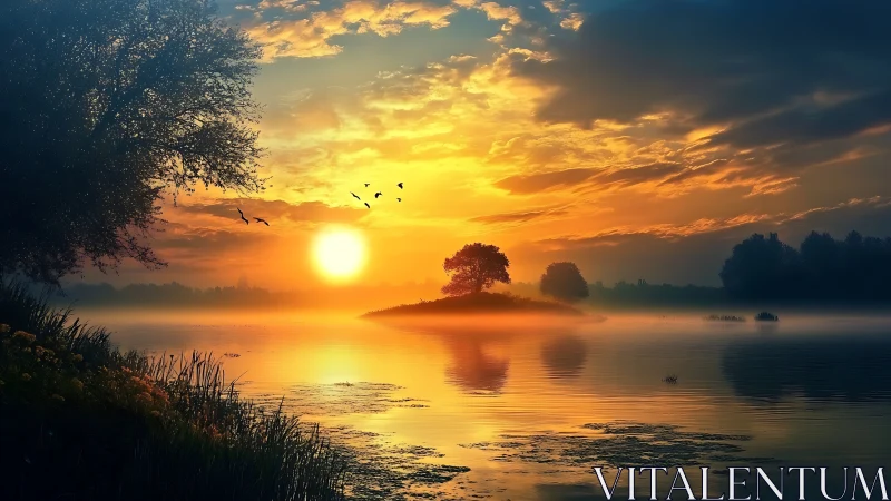 Sunlit mist over tranquil lake with silhouetted island trees.