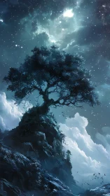 Stargazing summit tree cradled by drifting moonlit clouds.