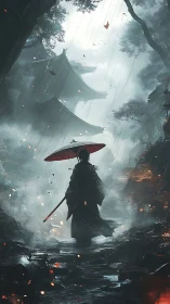 Rain-soaked samurai silhouette crosses reflective shrine path at dusk