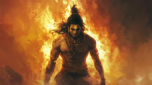 Blazing warrior strides through fire with intense calm strength