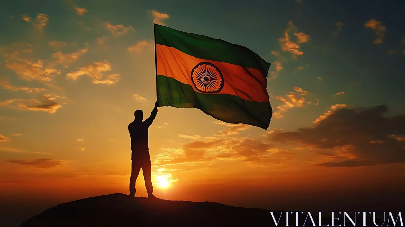 Silhouette raises Indian flag against blazing sunset sky