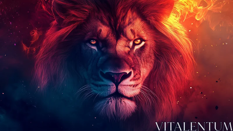 Fiery lion portrait divides frame with cool cosmic shadow
