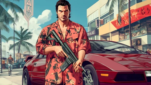 Tense gunman dominates neon-tinted Miami street scene.