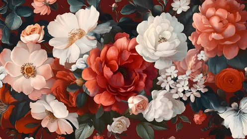 Romantic floral arrangement in rose, white, and cream tones on deep burgundy ground.