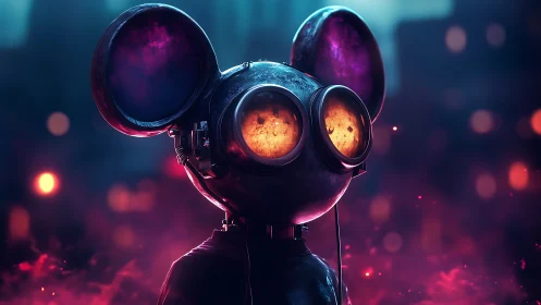 Robotic mouse-helmet figure with glowing lenses in neon haze