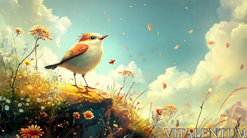Whimsical songbird on wildflower hill in dreamy, painterly style.