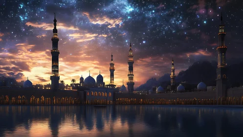 Grand mosque skyline under vivid starry twilight sky.