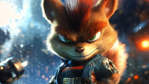 Rebel space-fox hero grinning through star-scorched chaos.
