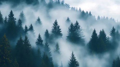 Misty Pine Forest Valley Shrouded in Dense Morning Fog