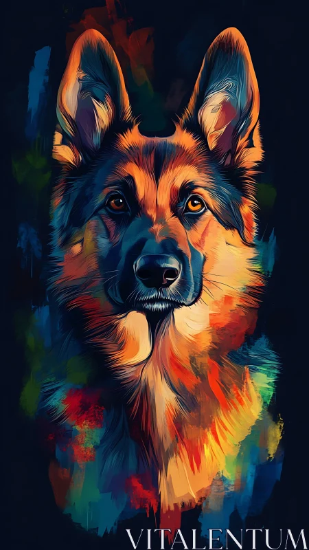 High-contrast German shepherd portrait rendered in saturated strokes