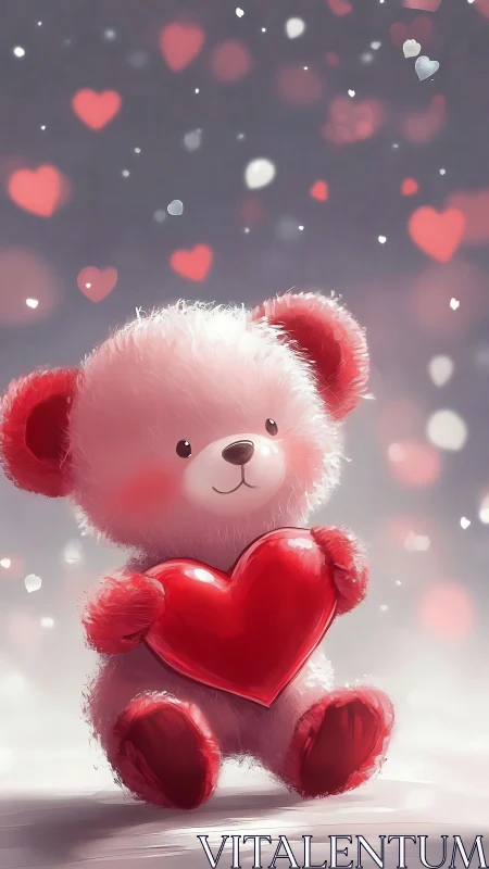 Luminous Teddy Bear with Crimson Heart Amidst Bokeh Sphere Field.