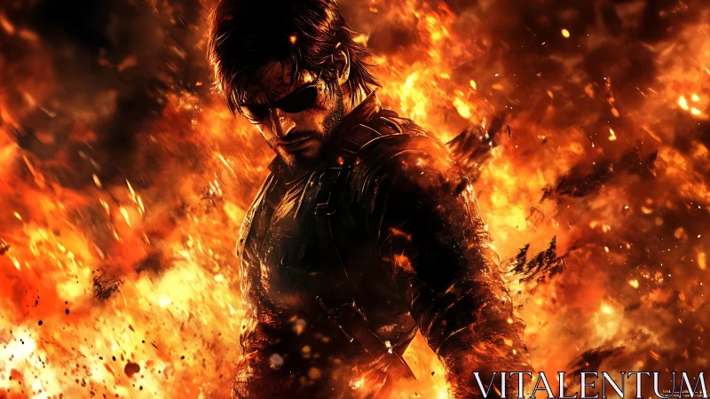 Armored lone soldier emerges through cinematic inferno glow