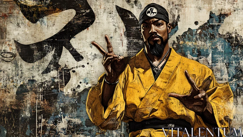 Martial artist in yellow gi before grunge kanji mural.