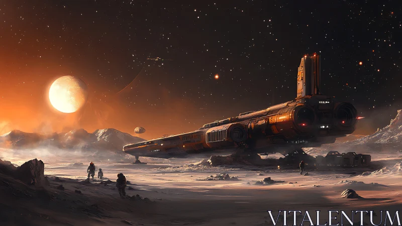 Starfreighter rests on frozen exoplanet under twin moons.