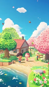 Cozy Village Friends Among Blooming Spring Trees.