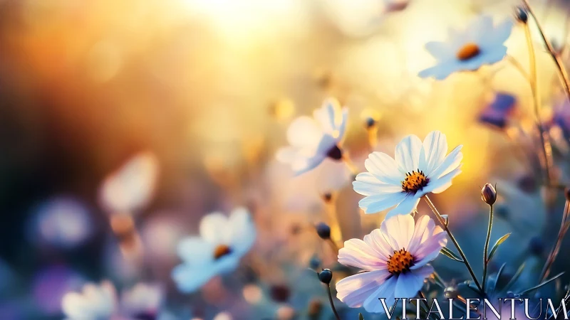 Blue cosmos daisies bathed in golden warm sunlight