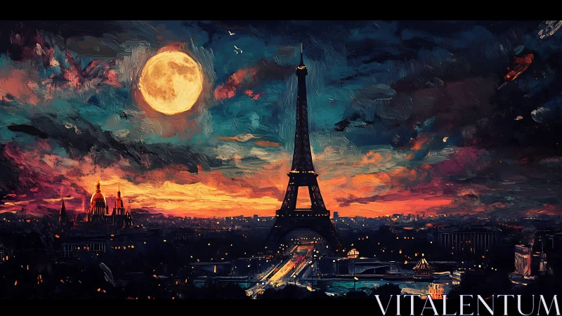 Moonlit Paris skyline glowing beneath a dreamy sunset.