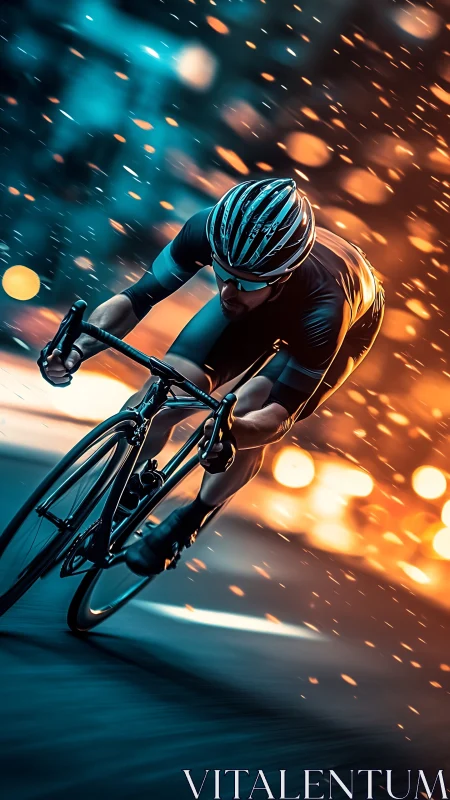 Night cyclist in aerodynamic racing position at high speed.