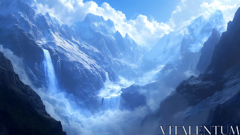 Glaciated mountain ravine with volumetric mist and cascades.