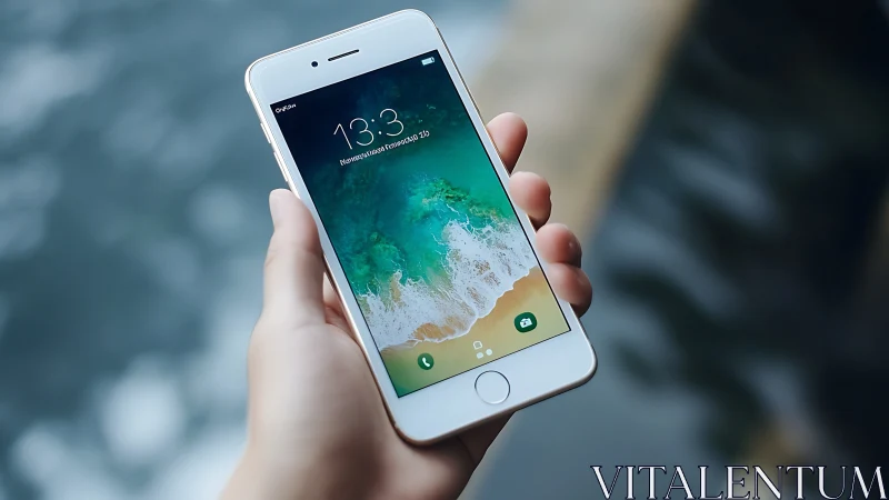 White iPhone displaying lock screen with ocean beach wallpaper.