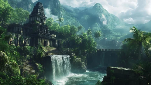 Hydraulic jungle citadel with tiered temples and canyon falls.