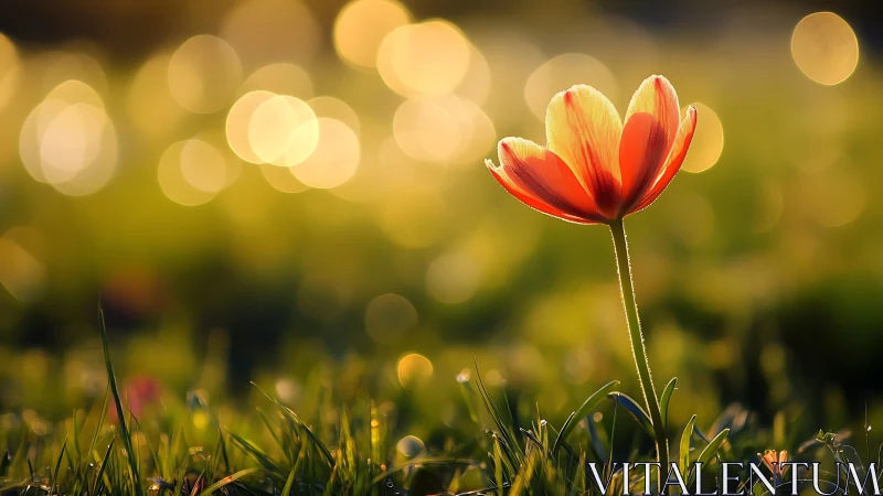 Single orange flower stands in sharp focus against bokeh field