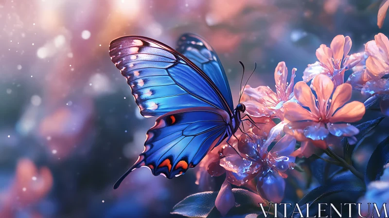 Iridescent blue butterfly rests on glowing coral blossoms.